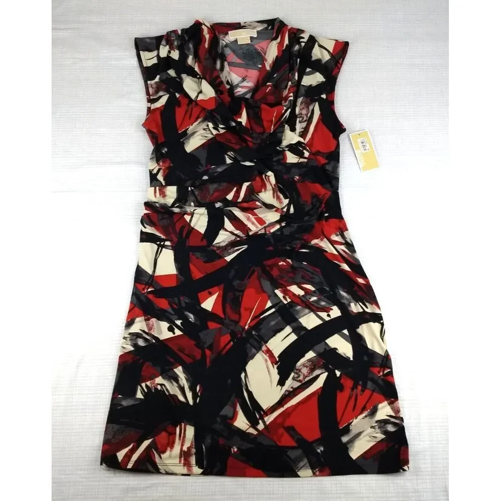 Michael Kors Sleeveless Sheath Dress L Ruched Side Cowl Neck Black Red Blaze NWT